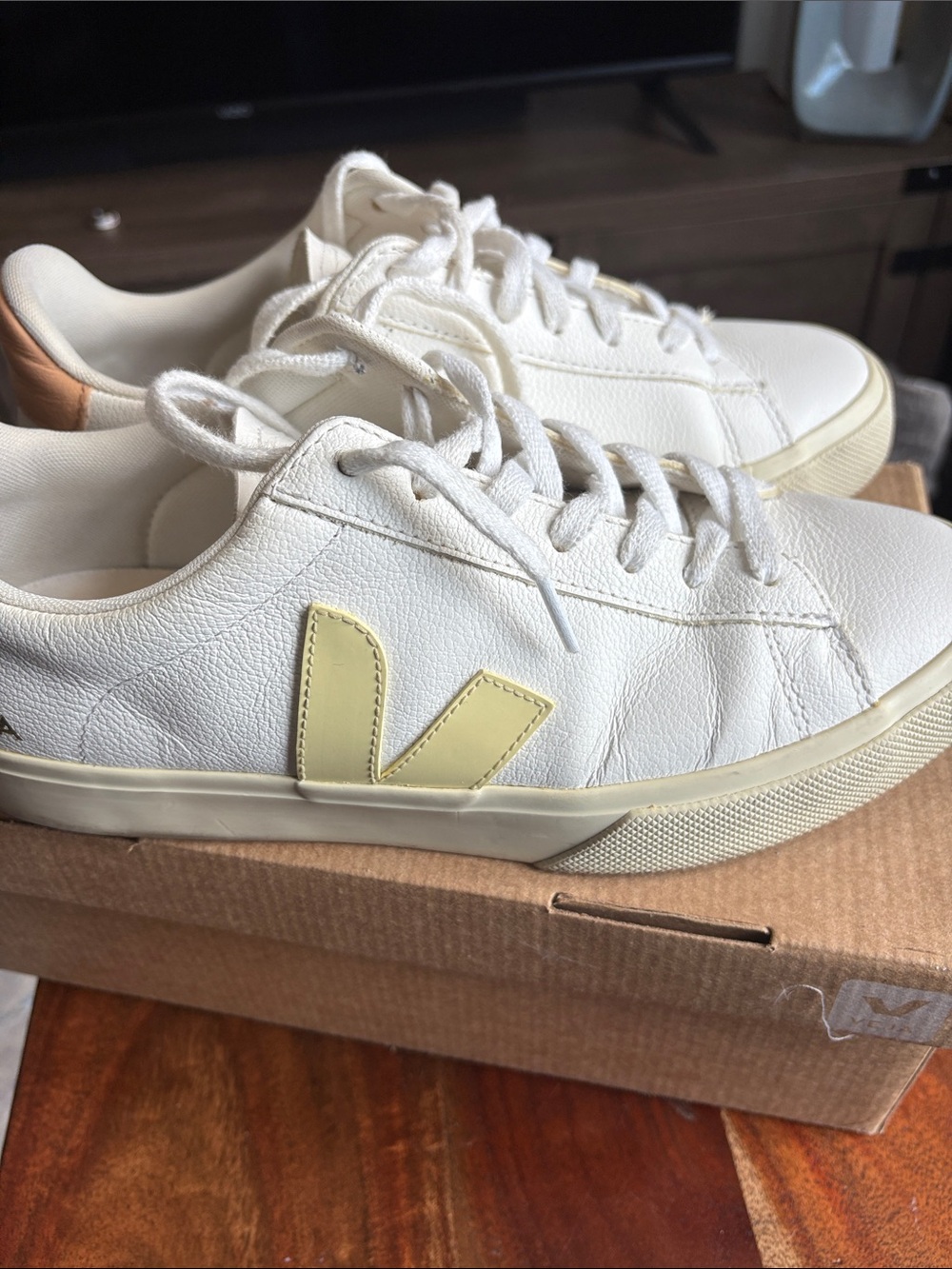 Veja Leather Sneakers in Off-White with Pale Yellow V